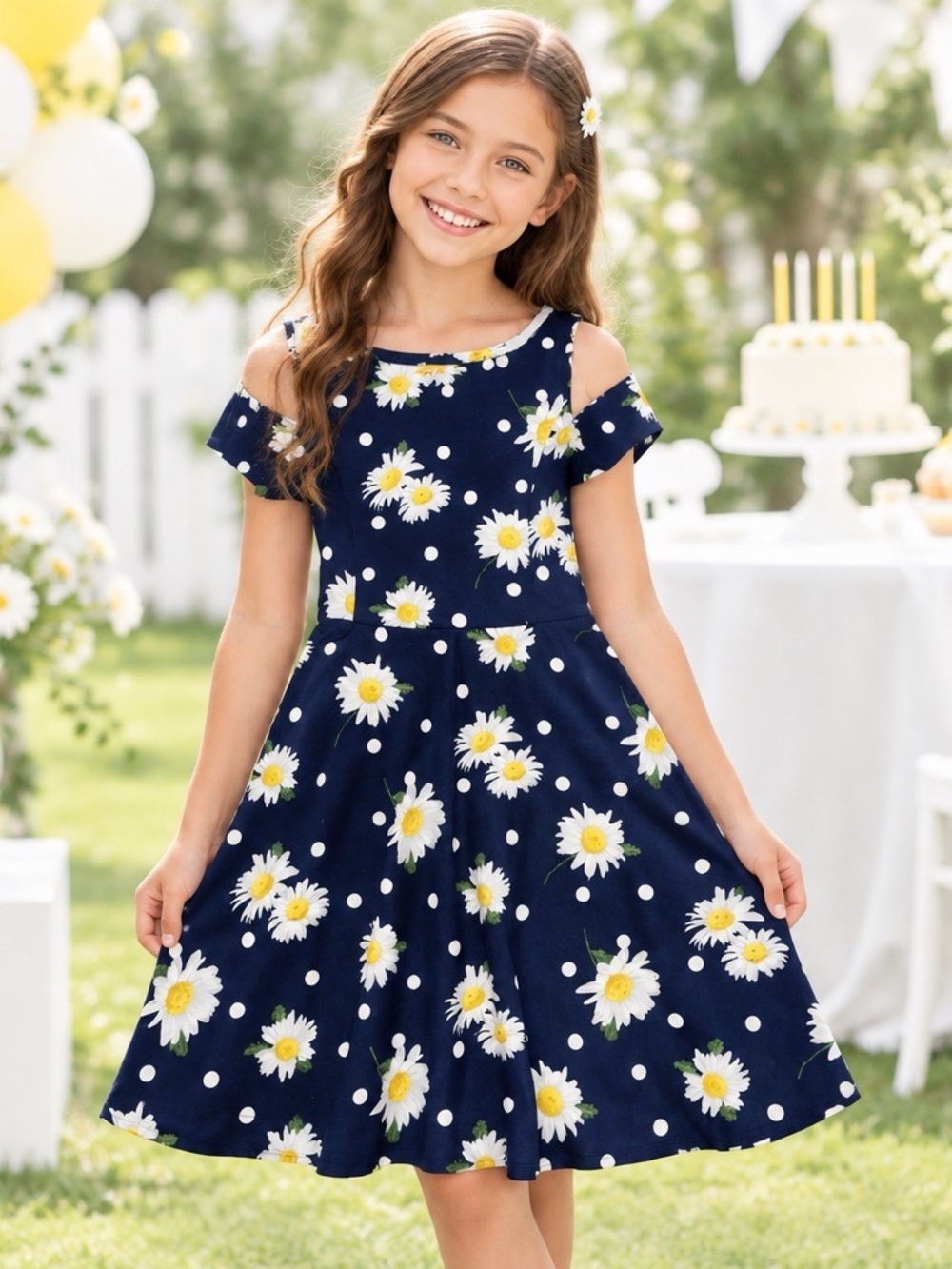 Bonnie Jean Navy Daisy Polka Dot Cold Shoulder Fit & Flare Dress Size 10